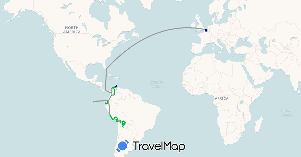 TravelMap itinerary: driving, bus, plane, hiking, boat, motorbike, kayak in Belgium, Bolivia, Colombia, Ecuador, France, Panama, Peru, United States (Europe, North America, South America)